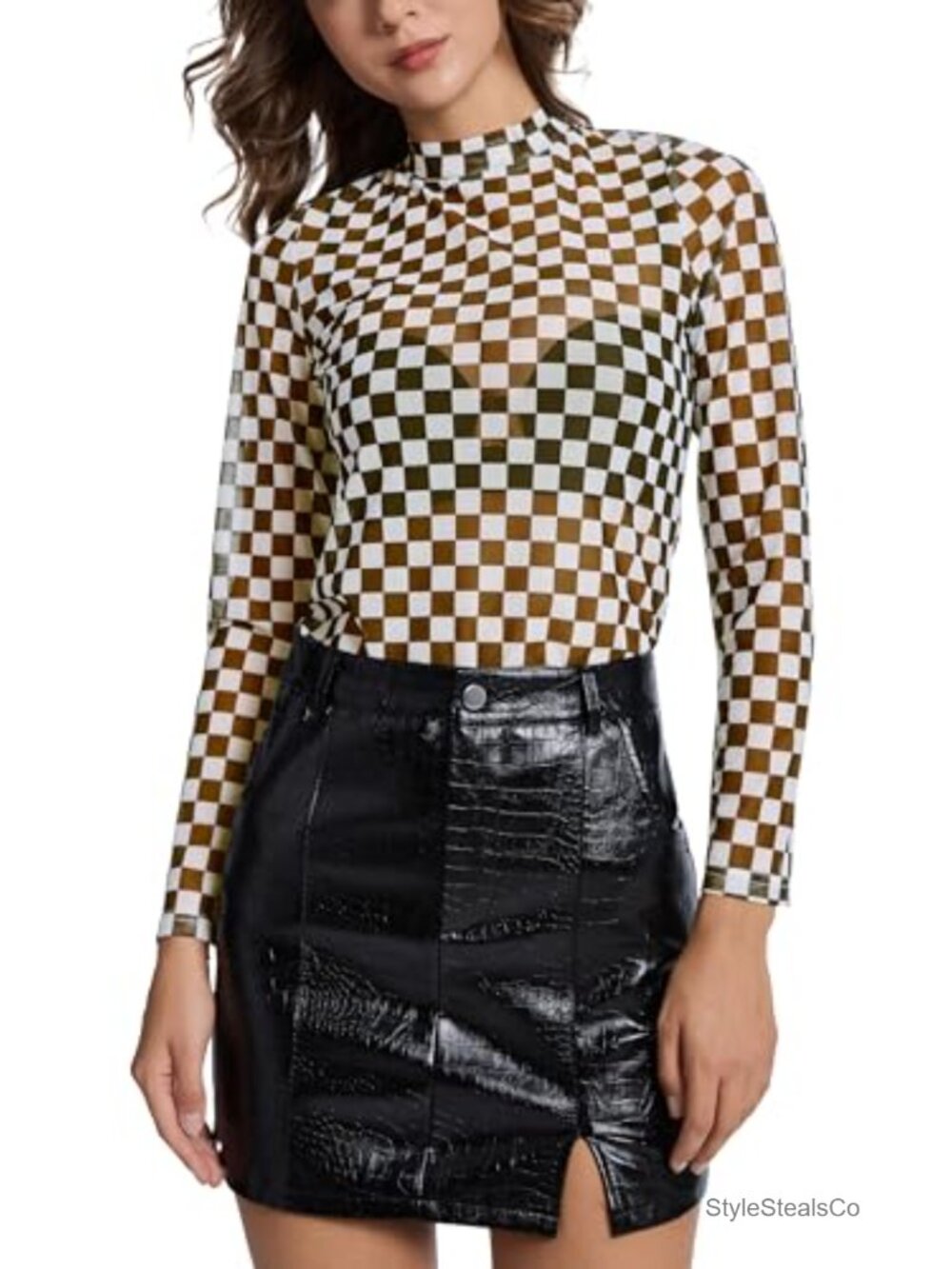 Womens Mesh Long Sleeve Mock Neck Sheer See Through Blouse Party Club Top